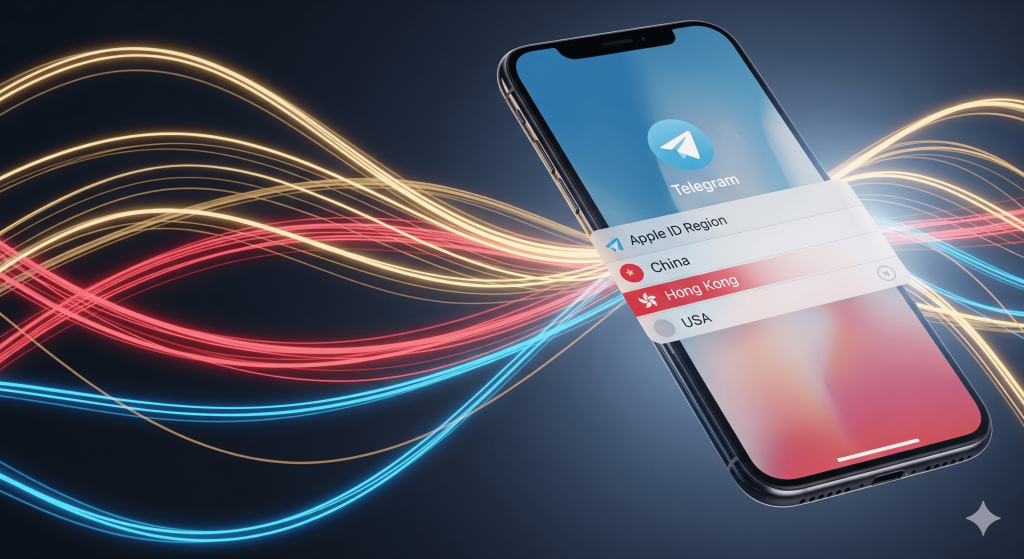 iPhone 下载 Telegram 教程封面:美区/港区 Apple ID 切换示意图