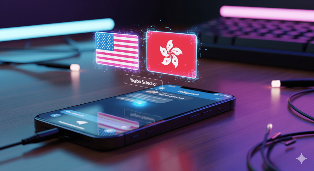 : iPhone 15 Pro Max 显示 Telegram 界面及美区/港区全息旗帜,示意跨区下载解决方案