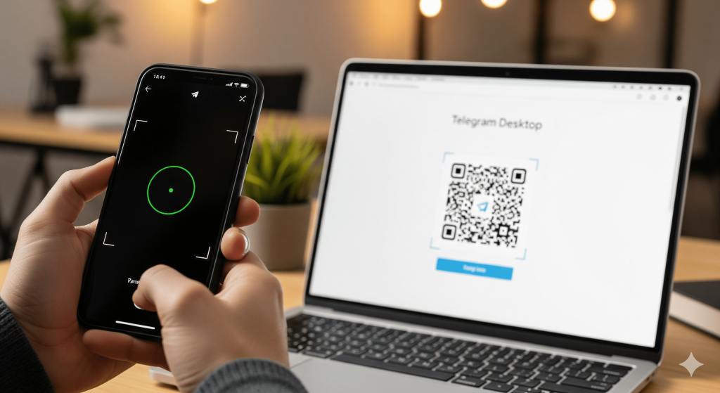 用户手持 iPhone 手机扫描笔记本电脑上 Telegram Desktop 的登录二维码